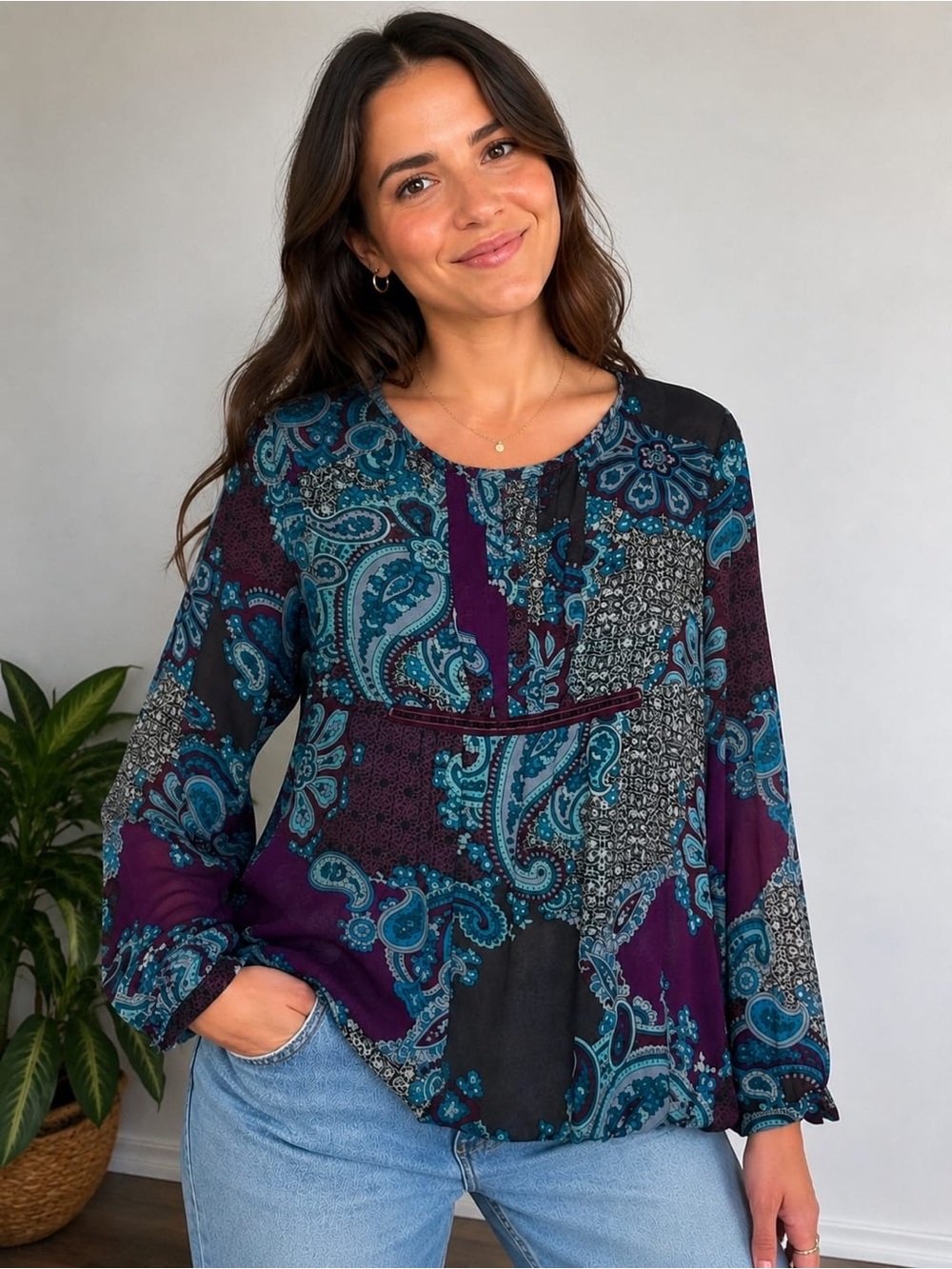 Esprit XS Paisley Patchwork Blouse Purple Teal Long Sleeve Boho Top